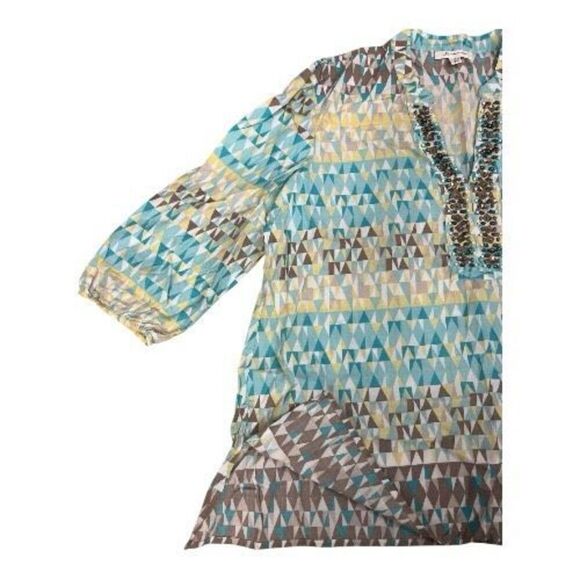 JM Collection Tunic 12 Geometric Print Blue Yellow Beaded Cotton Slit Pullover - Picture 3 of 12